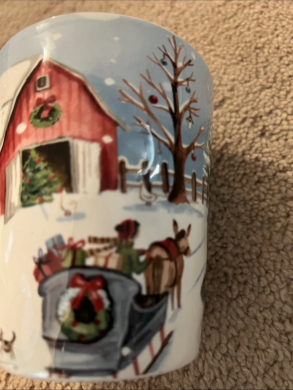 Pier 1 Red Barn Holiday Mug with Snowy Scene sleigh snowman
